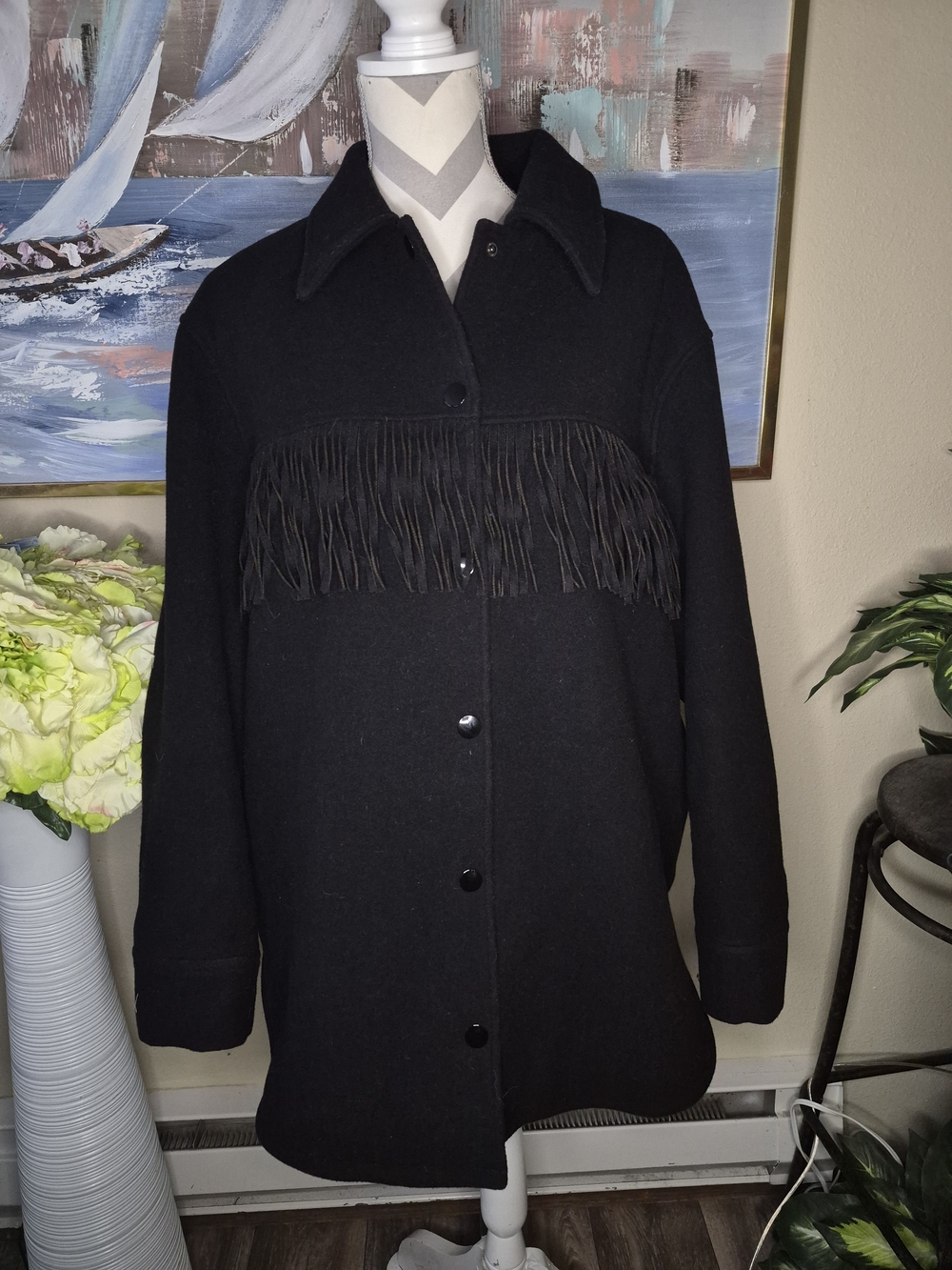 Paris Atelier & Other Stories Womens Black Fringe-Trim Wool Button Coat